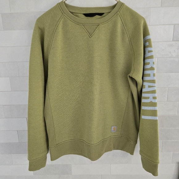 Carhartt Ladies' Sleeve Logo Crewneck Crew Sweatshirt Pullover Green Size Small - Picture 2 of 9